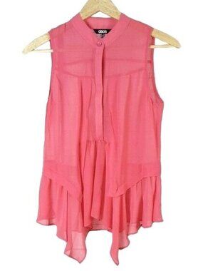 ASOS Womens Ruffle Sheer Top Pink US 4 High-Low Button-Up Sleeveless
